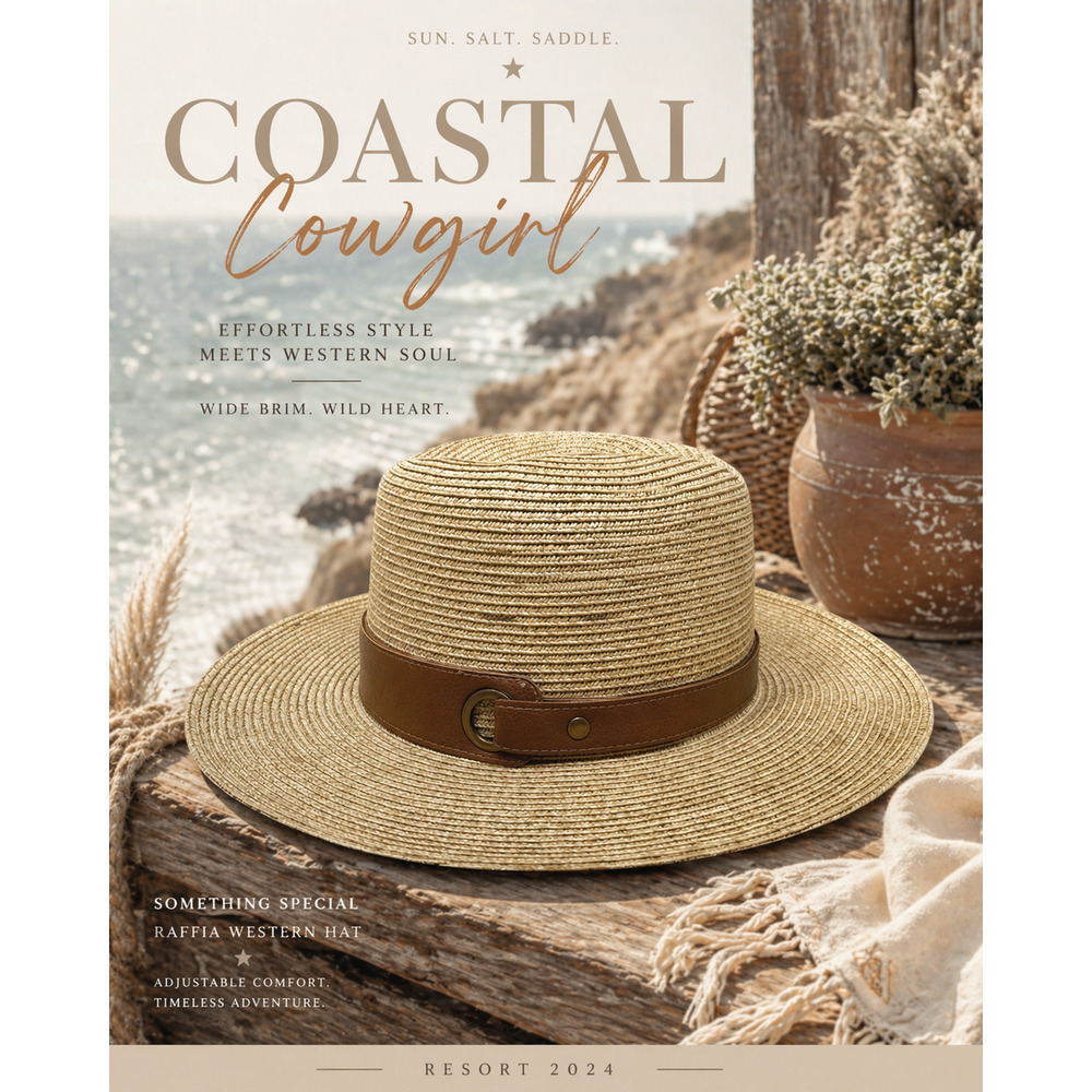 Something Special Raffia Western Sun Hat Wide Brim Leather Band Adjustable
